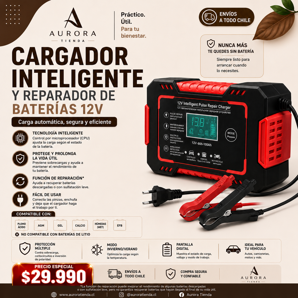 Cargador Inteligente y Reparador de Baterías para Vehículos
