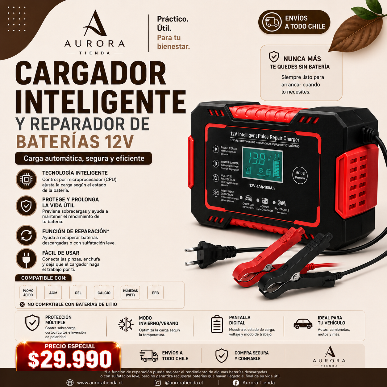Cargador Inteligente y Reparador de Baterías para Vehículos