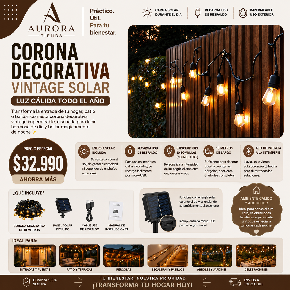 Corona Luces Decorativa Vintage Solar