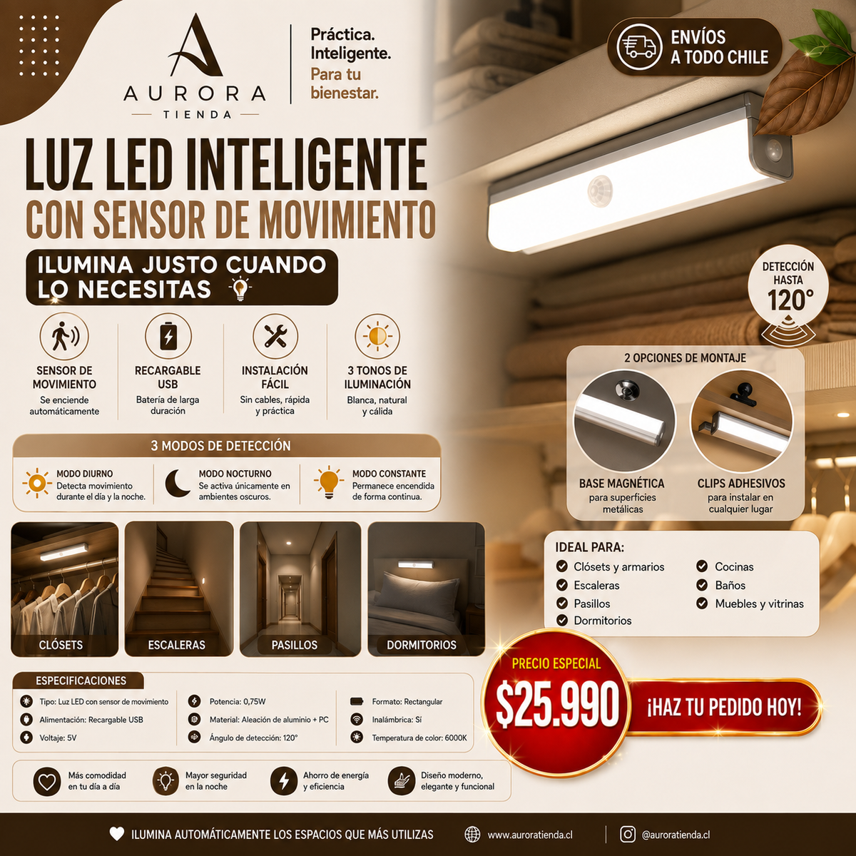 Luz LED Inteligente con Sensor de Movimiento