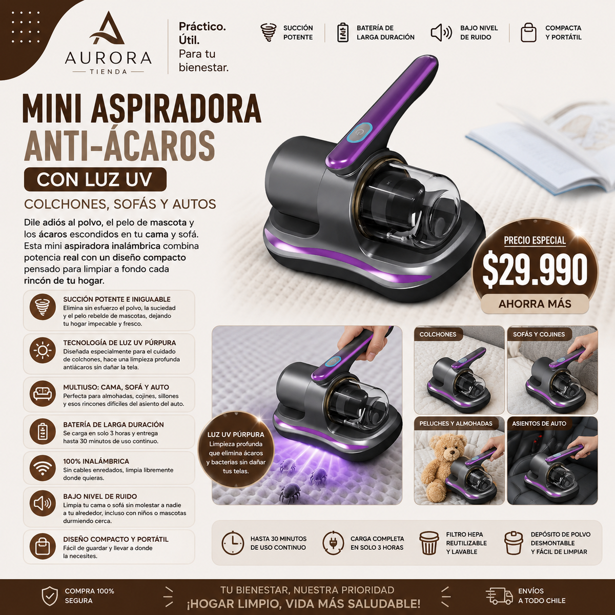 Mini Aspiradora Anti-Ácaros con Luz UV