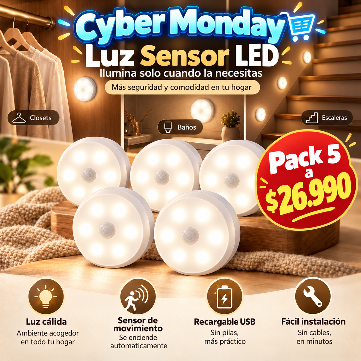 Pack 5 Luces LED con Sensor de Movimiento