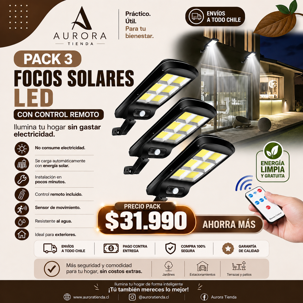 Pack 3 Focos Solares LED con Control Remoto | Ilumina tu Hogar sin Gastar Electricidad