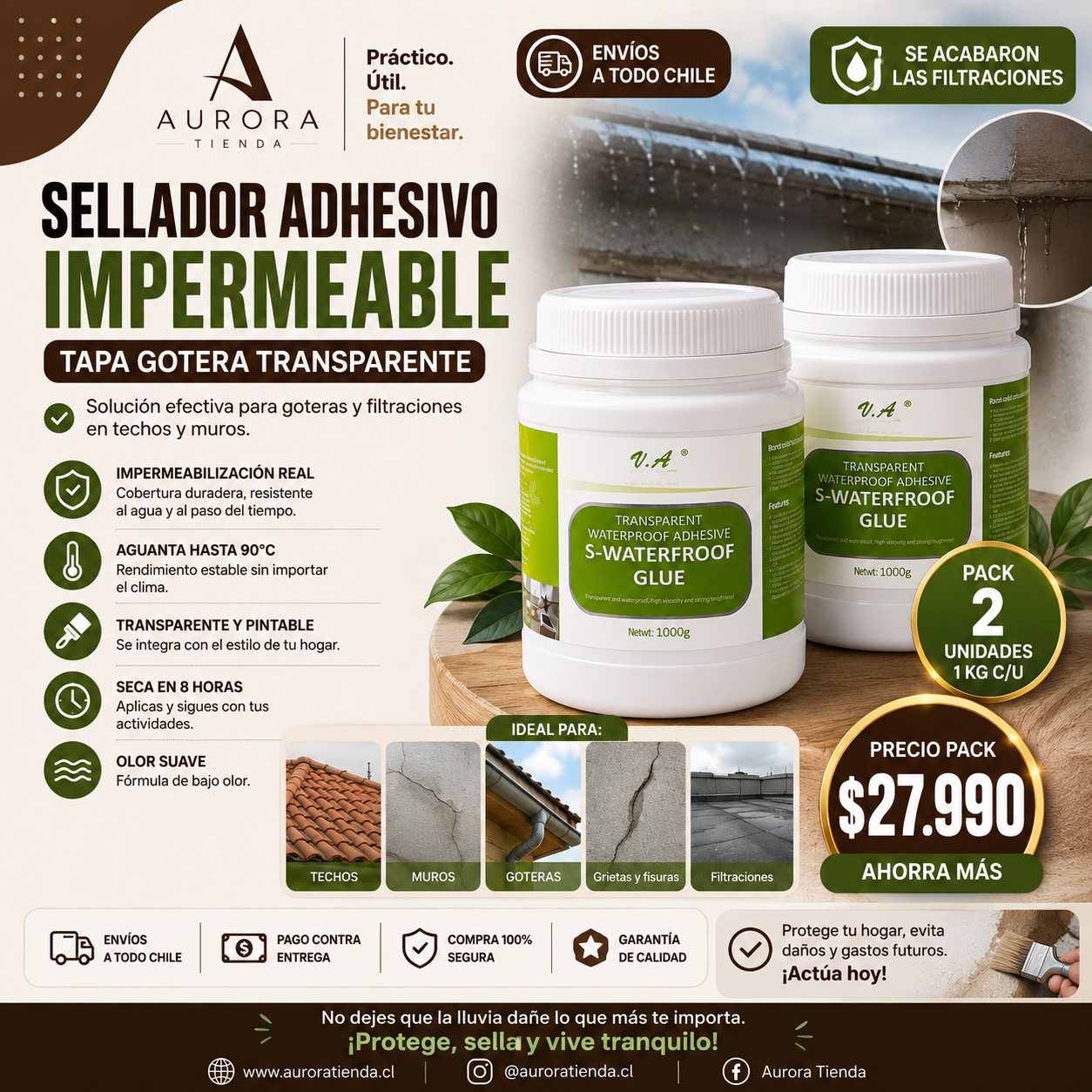 Pack 2 Selladores Adhesivos Impermeables Transparente Tapa Gotera 1 Kg c/u