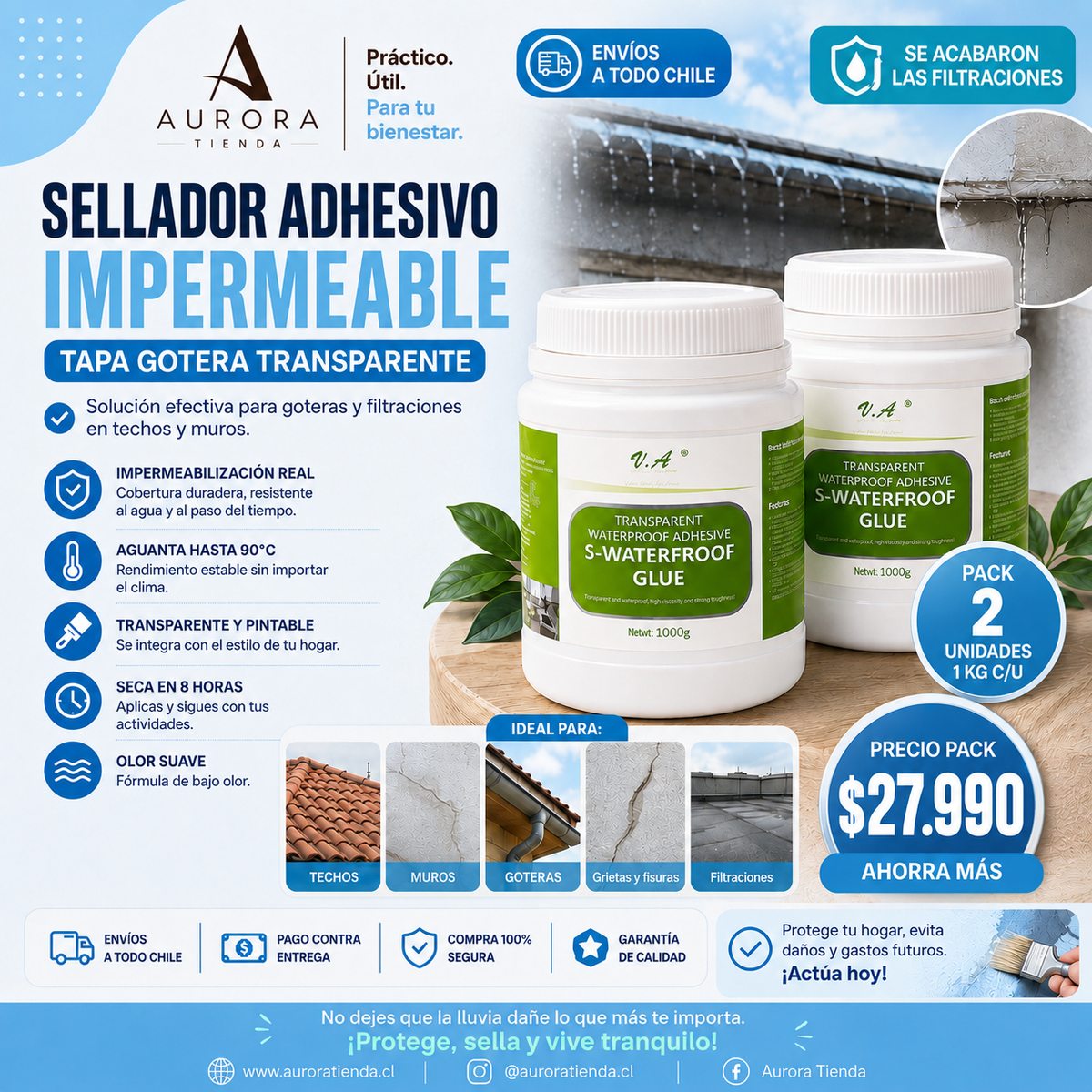 Pack 2 Selladores Adhesivos Impermeables Transparente Tapa Gotera 1 Kg c/u