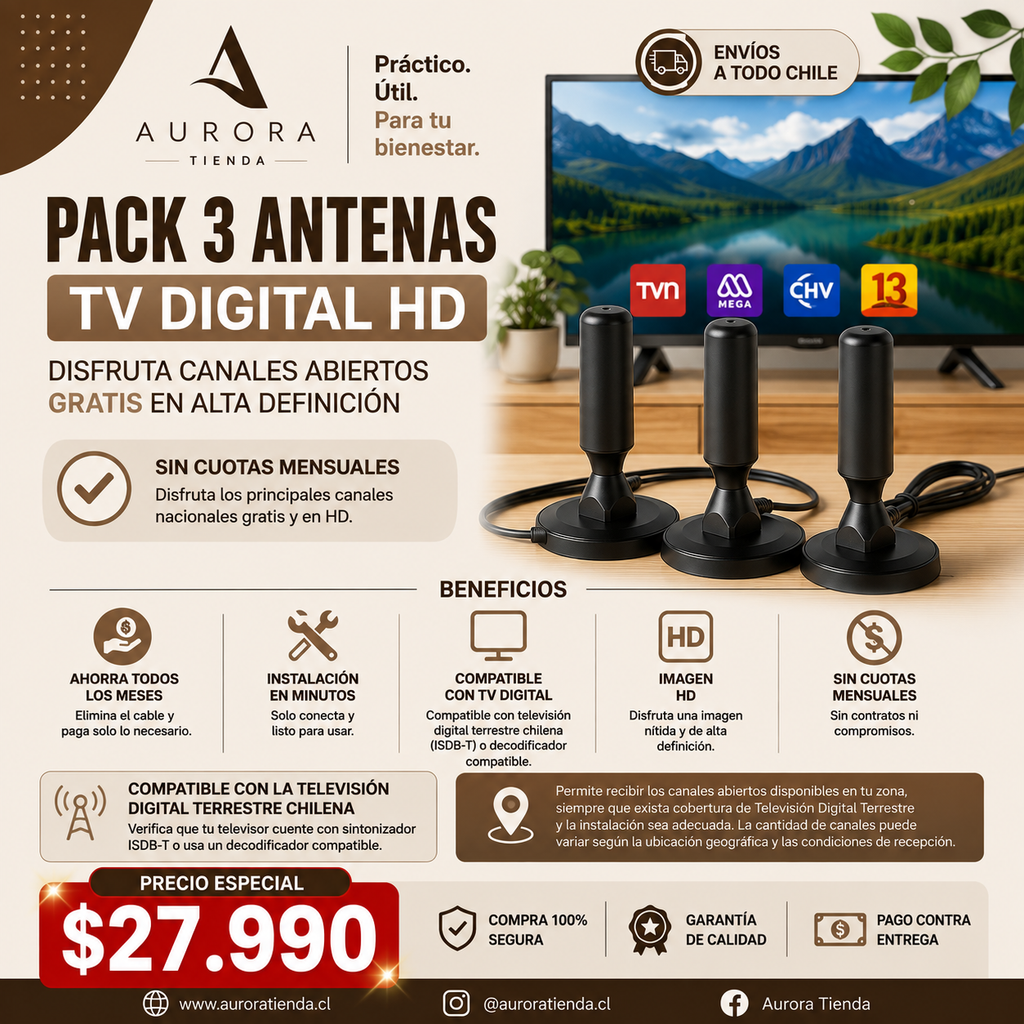 Pack 3 Antenas TV Digital HD | Disfruta Canales Abiertos Gratis en Alta Definición