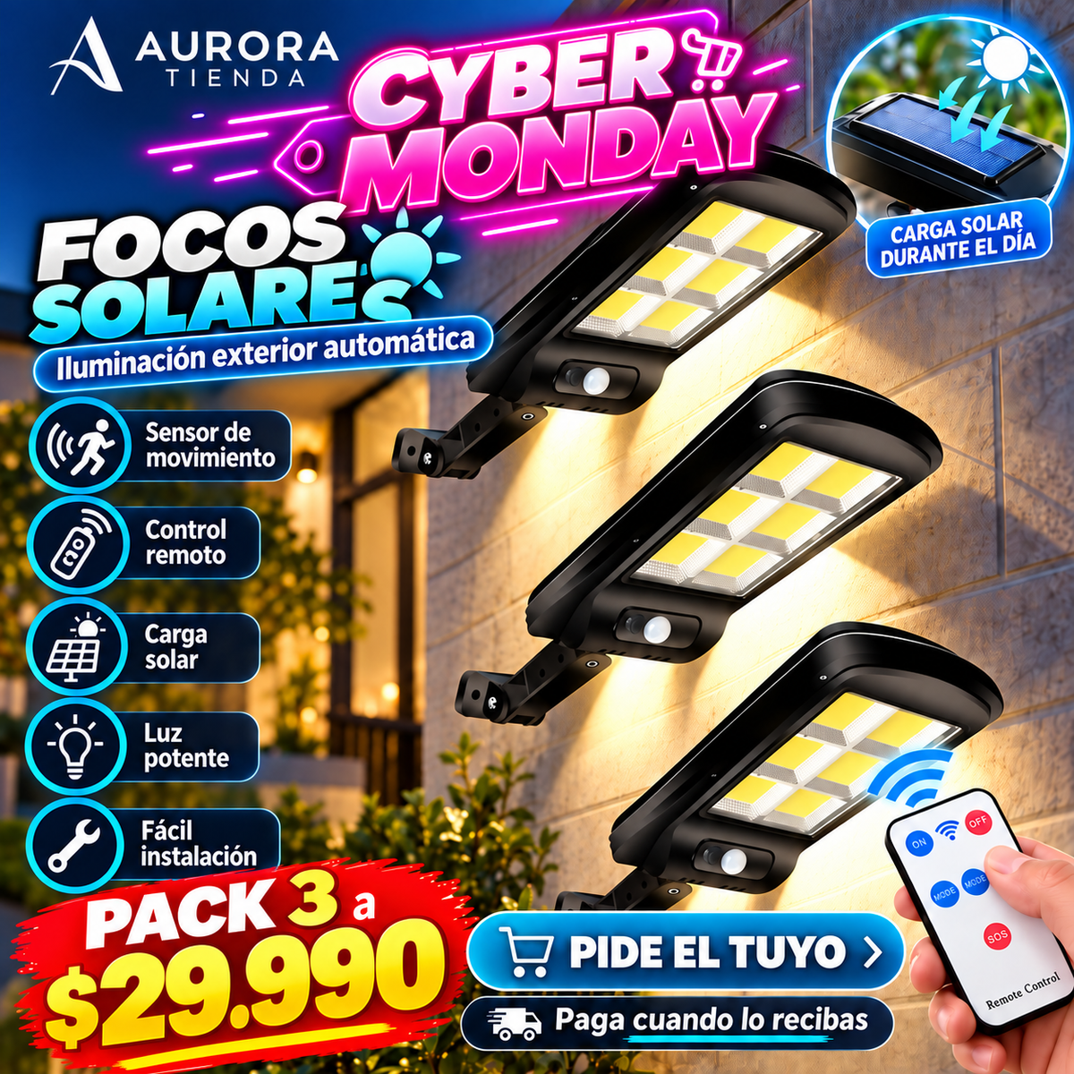 Pack 3 Focos Solares LED con Control Remoto | Ilumina tu Hogar sin Gastar Electricidad