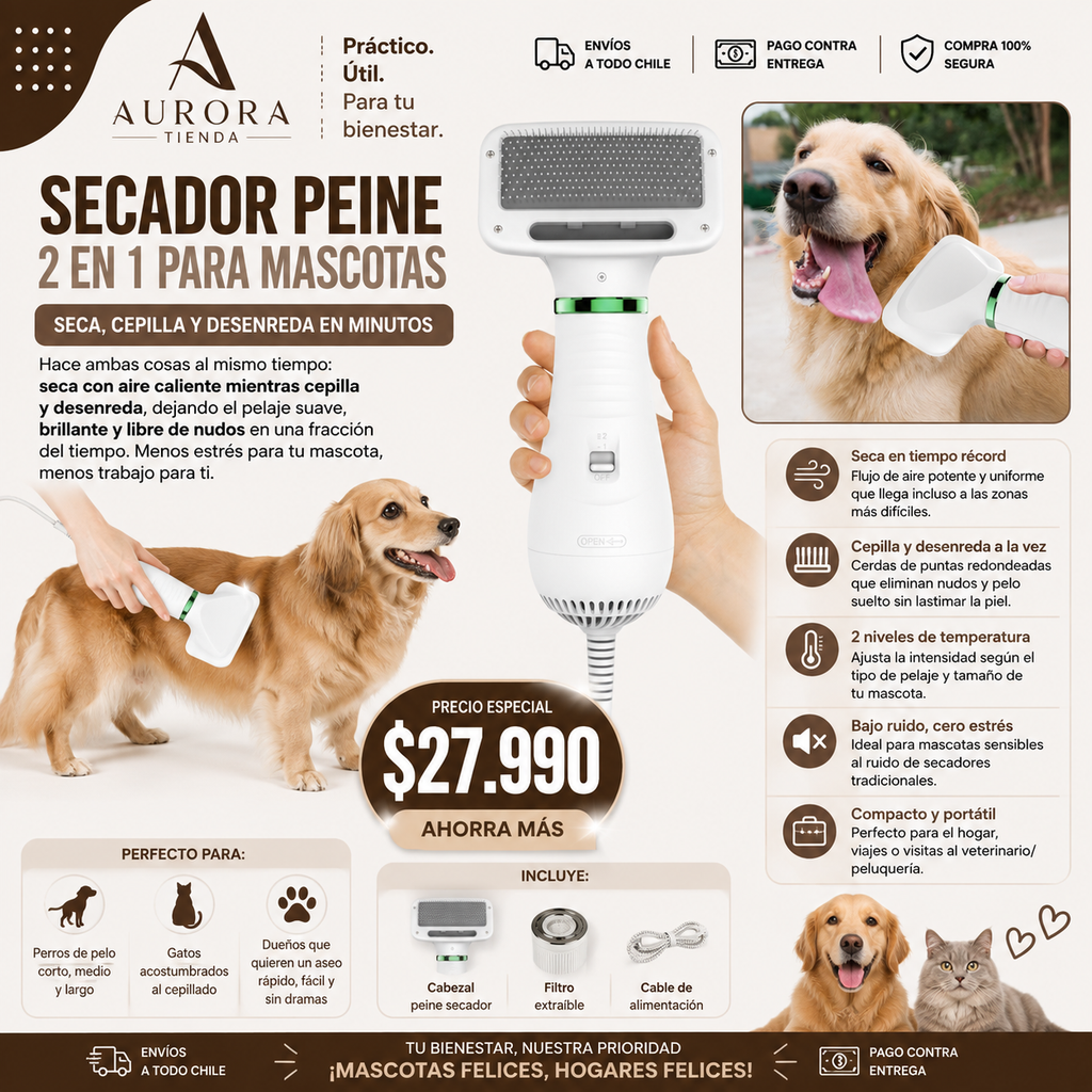 Secador Peine 2 en 1 para Mascotas
