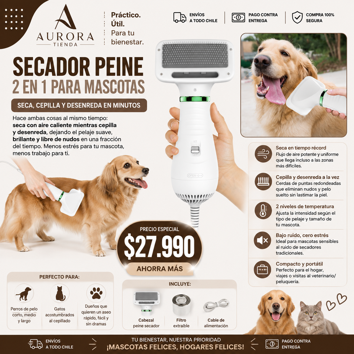 Secador Peine 2 en 1 para Mascotas