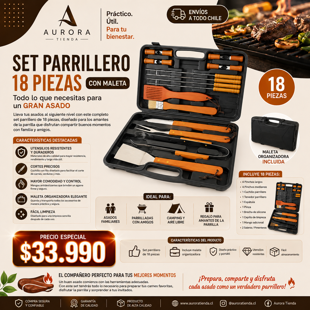 Set Parrilleros Asado 18 Piezas con Maleta