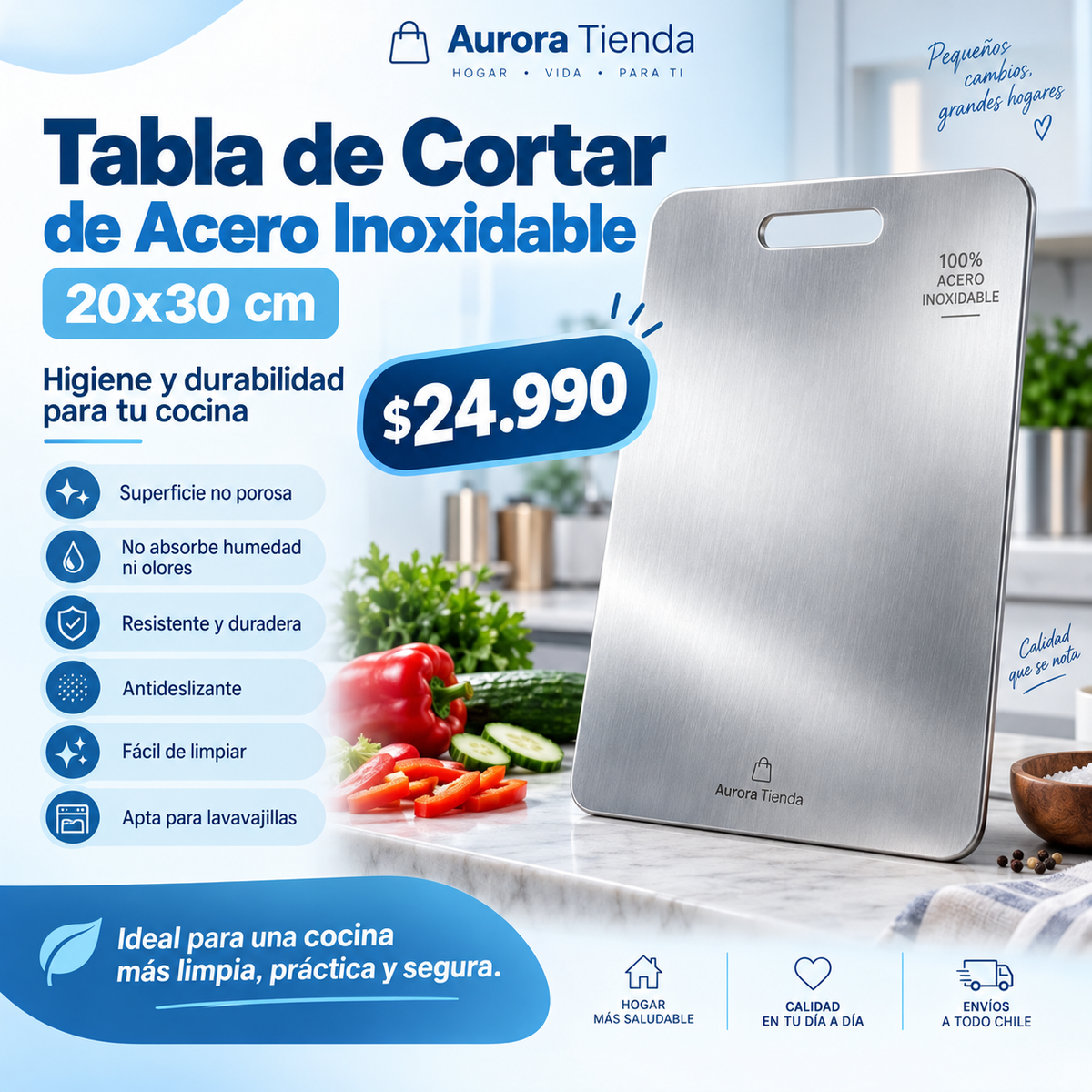 Tabla de Cortar de Acero Inoxidable — 20x30cm