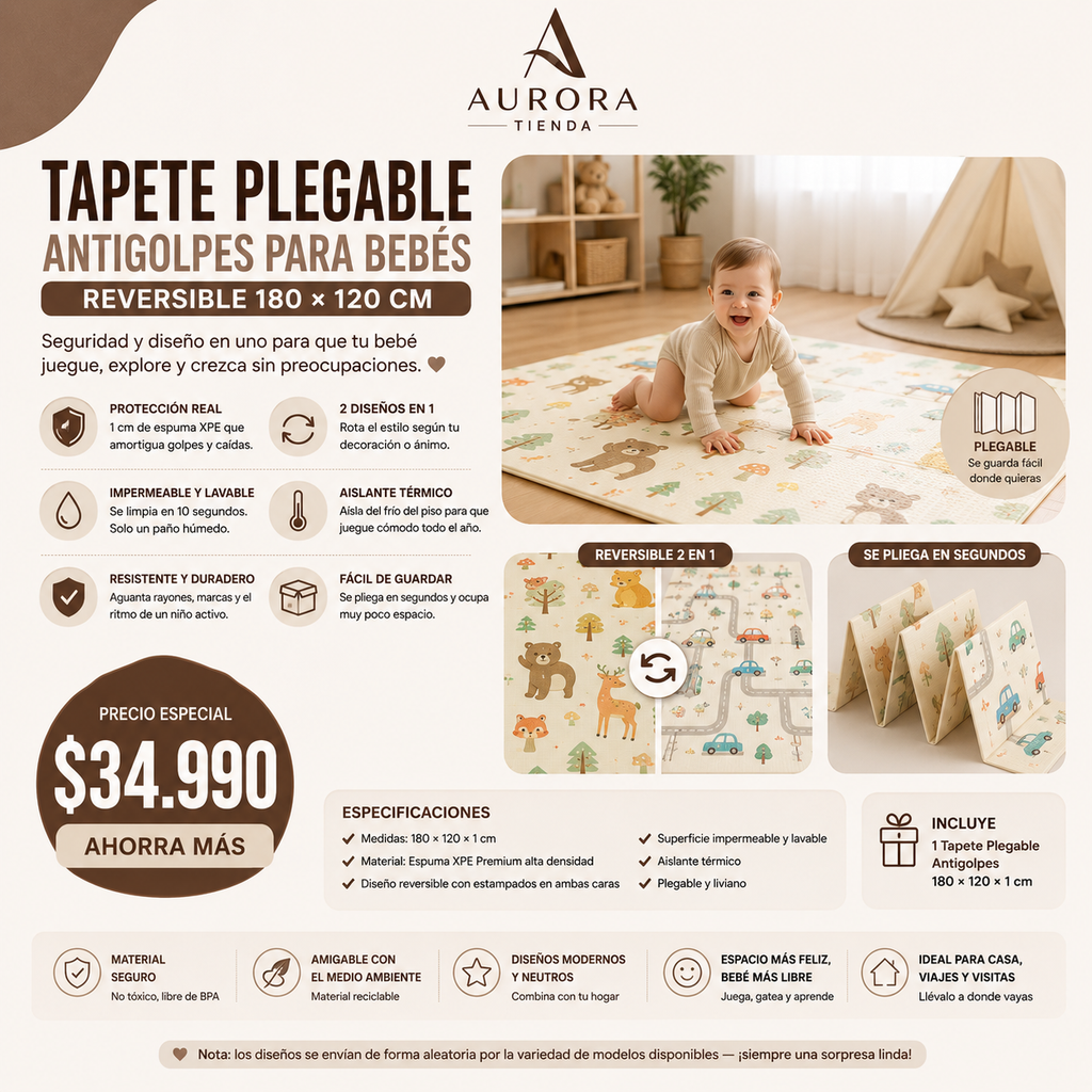 Tapete Plegable Antigolpes para Bebés | Reversible 180×120 cm