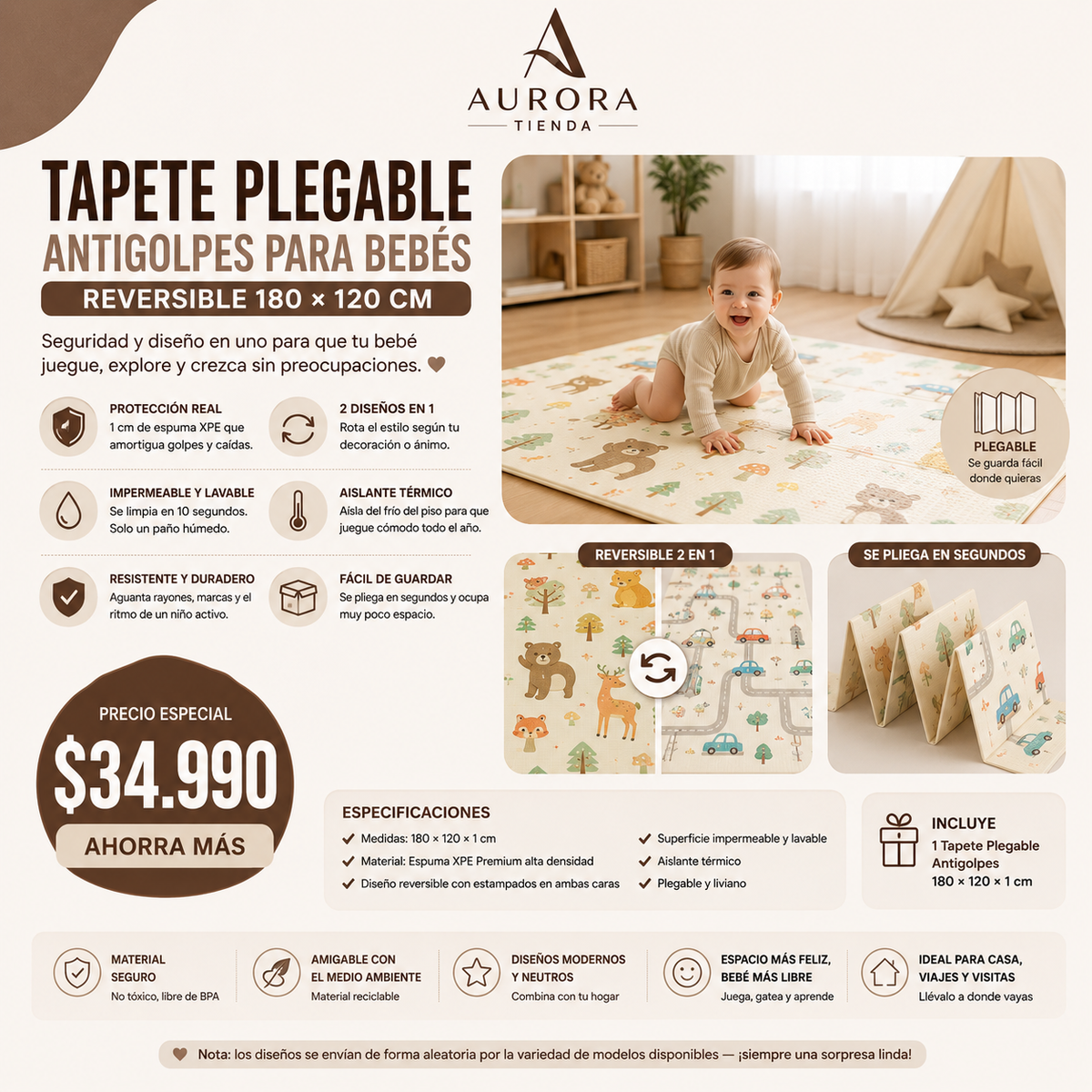 Tapete Plegable Antigolpes para Bebés | Reversible 180×120 cm